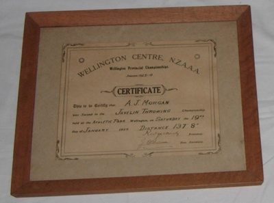Athletic Certificate (Framed); NZAAA; 1924; 1982-1277-4