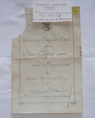 Wanganui Collegiate - Prize Winning Programme 1915; H I Jones and Son; 1915; 1979-0739-1 