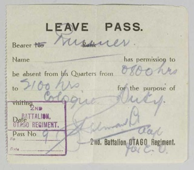 Leave Pass
; Otago Regiment; 1919; GH022234