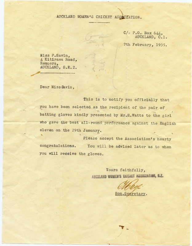 Ephemera: AWCA letter awarding Pearl Savin a pair of gloves, 1935. image item