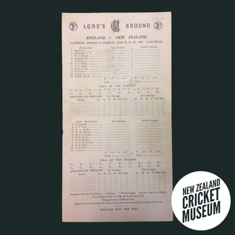 Scorecard England v New Zealand, Lord's, June 1949; 1949; 2015.6.2 eHive