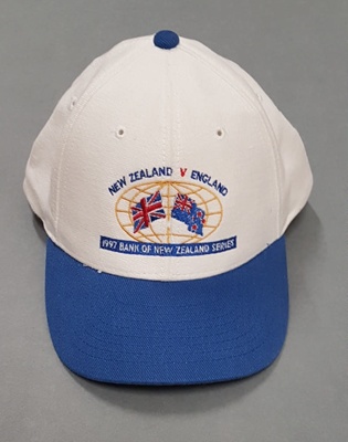 Cap: New Zealand v England, 1997 Bank of New Zealand Series (White with Blue peak); 2006.50.3