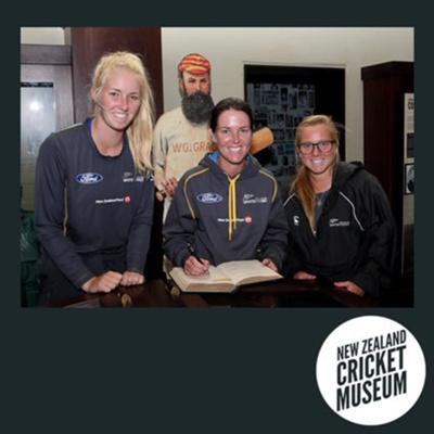Digital Photo: WHITE FERNS' Hannah Rowe, Erin Bermingham & Leigh Kasperek at the NZ Cricket Museum, 2016; Mike Lewis; 2016; 2016.19.5