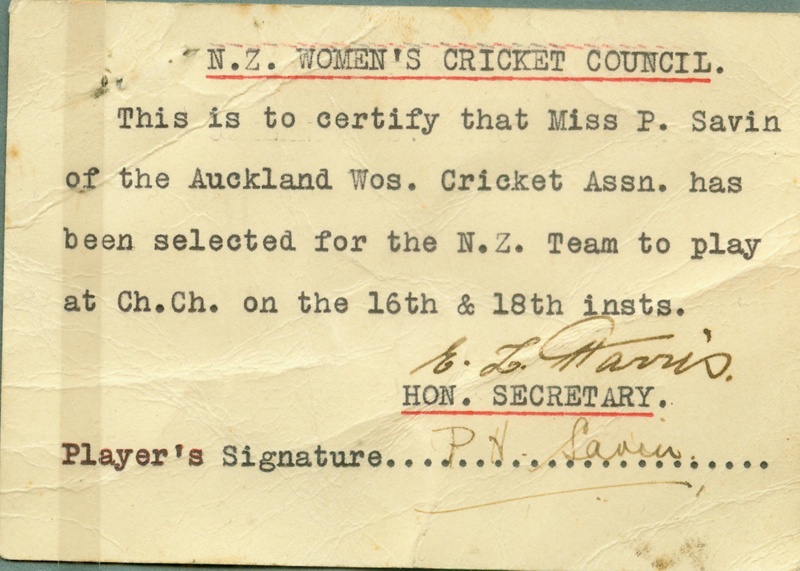 Ephemera. NZWCC certificate selecting Pearl Savin for New Zealand team, 1934/35. image item