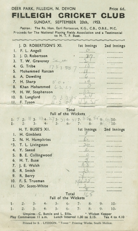 Filleigh Cricket Club scorecard, J D. Roberton's XI v H.T. Buse's XI, 20 September 1953