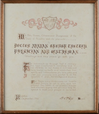 Framed citation, From the people of Riverton to Dr. Ninian Trotter ; Unknown maker; 1944; RI.FW2021.052