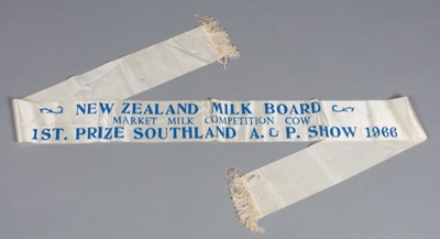 Show ribbon, Market Milk Competition Cow 1st Prize Southland A&P Show 1966; Unknown maker; 1965-1966; RI.W2014.3576.1