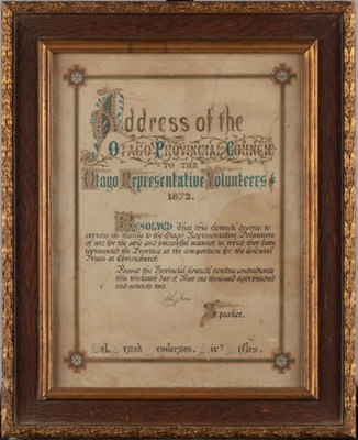 Framed certificate, Otago Representative Volunteers 1872; Unknown maker; 1872; RI.FW2021.051