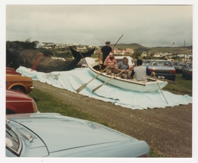 Photograph, Whaling boat float in a parade 1986. image item