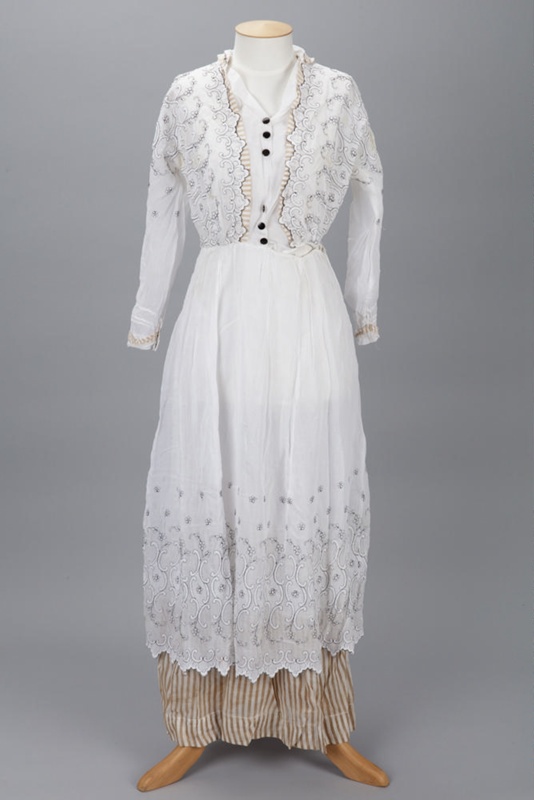 Dress, Girl's, White Voile With Lace And Stripes; Unknown Maker; 1900 