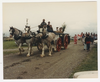 Photograph, Horse drawn float in a parade 1986. image item