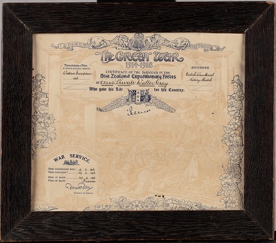 Framed certificate, Record of War Service, Private Walter Gray; New Zealand Government; 1918-1920; RI.FW2021.042