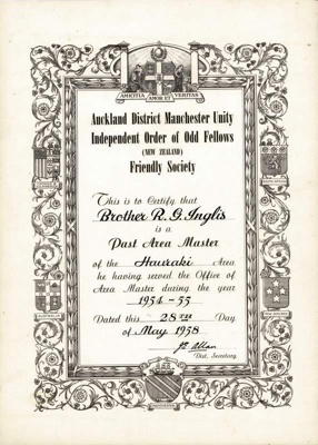 Certificate Lodge, Bro R G Inglis image item