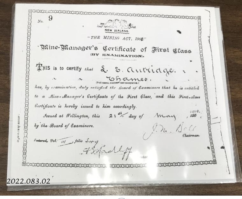 Certificate Mine Manager s L E Autridge 1910 2022 083 02 on NZ Museums