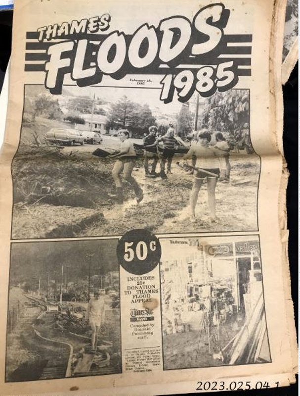 Newspaper clippings, Thames Floods; Hauraki Publishers; 1985; 2023.025.