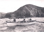 Photo: Whaleboat approaching Net Rock, near Whangamumu; 97/624