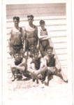 Photo: Seven boys in swimming costumes, Les Williams, centre back row c1920's; 05/159