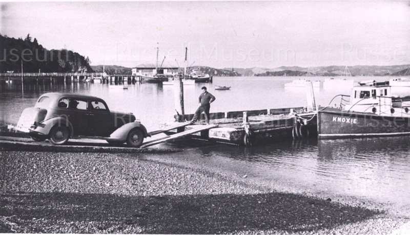 Photo: Neville Fuller loading car onto barge, Fuller's car ferry ...