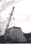 Photo: Crane lifting "Ship Wing" roof, Russell Museum, 1970; 97/1556