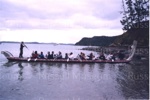 Photo: Waka Tupi being paddled to Russell for Colwyn and Kay Shortland's wedding, 1998; 05/179