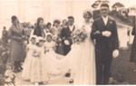 Photo: Wedding of Mr. and Mrs. George Warne. Children, Patti Williams, Barbara Warne, Merle Williams. Bridesmaid Eunice Scott, Best man Max Cullen.; 97/797