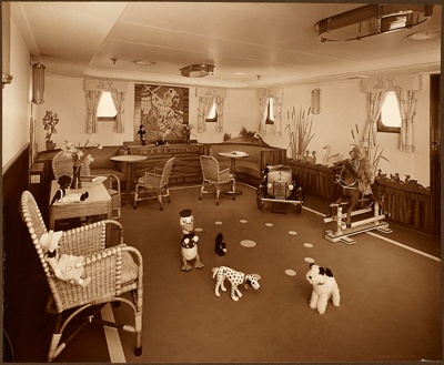 Photograph: Children's Play-Room -  "A" Deck. Walnut dado, Painted Walls and Cane Furniture; Shaw Savill & Albion Company; Stewart Bale Ltd; 1994.279.21