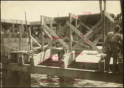 Photograph: Construction of Princes Wharf, 1922.; Auckland Harbour Board. Engineer's Dept.; 2010.132.43