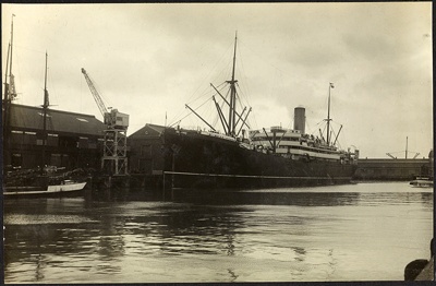 Photograph: Steam ship ROTORUA (1910), New Zealand Shipping Company, the first large ship alongside Queens Wharf, 1911.; Auckland Harbour Board. Engineer's Dept.; 2010.132.84