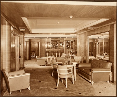 Photograph: Foyer on "C" Deck. Showing Bar. Furniture of Sycamore covered in Beige & Red Hyde.; Shaw Savill & Albion Company; Stewart Bale Ltd; 1994.279.5