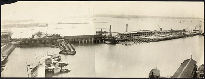 Photograph: Construction of Princes Wharf, 1923.; Auckland Harbour Board. Engineer's Dept.; 2010.132.30