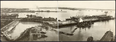 Photograph: Construction of Princes Wharf, 1923.; Auckland Harbour Board. Engineer's Dept.; 2010.132.31