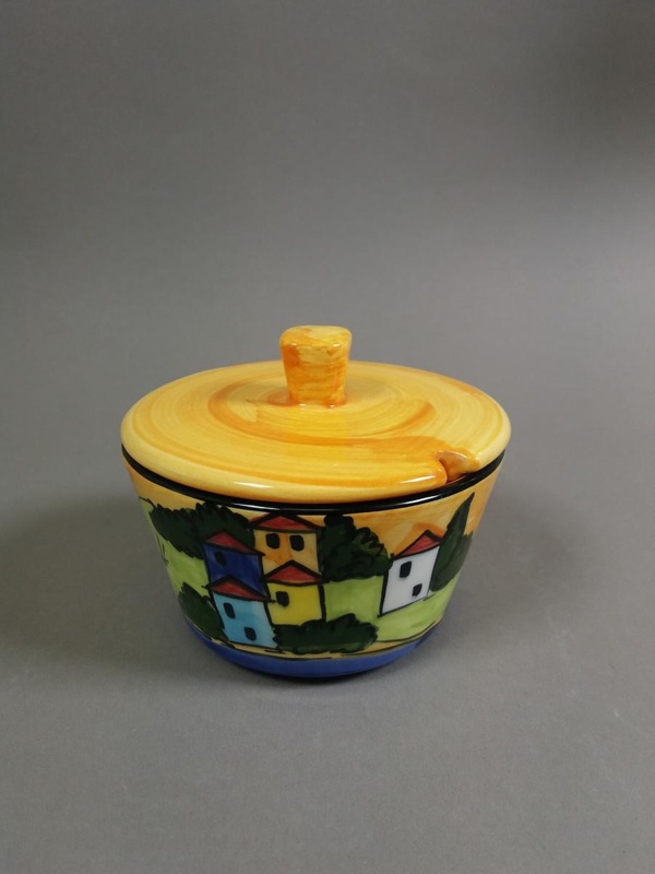 Sugar bowl - Villagio pattern; Studio Ceramics NZ Ltd; 2001; 2017.1.54