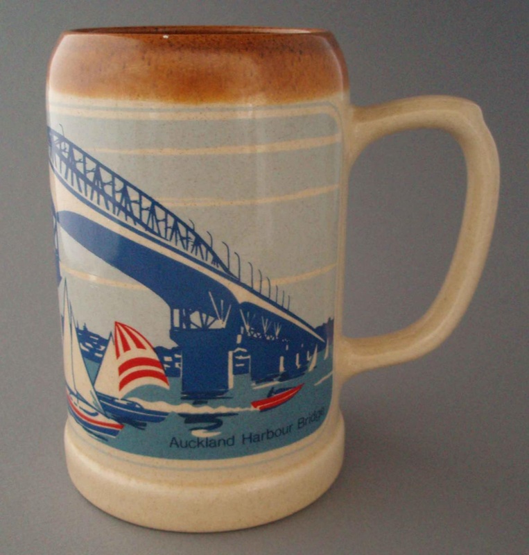Beer stein - Auckland Harbour Bridge; Crown Lynn Potteries Limited; 1983-1989; 2008.1.1829