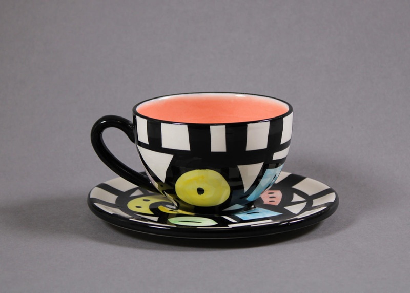 Cup and saucer - Black geometric; Studio Ceramics NZ Ltd; 2017.1.151
