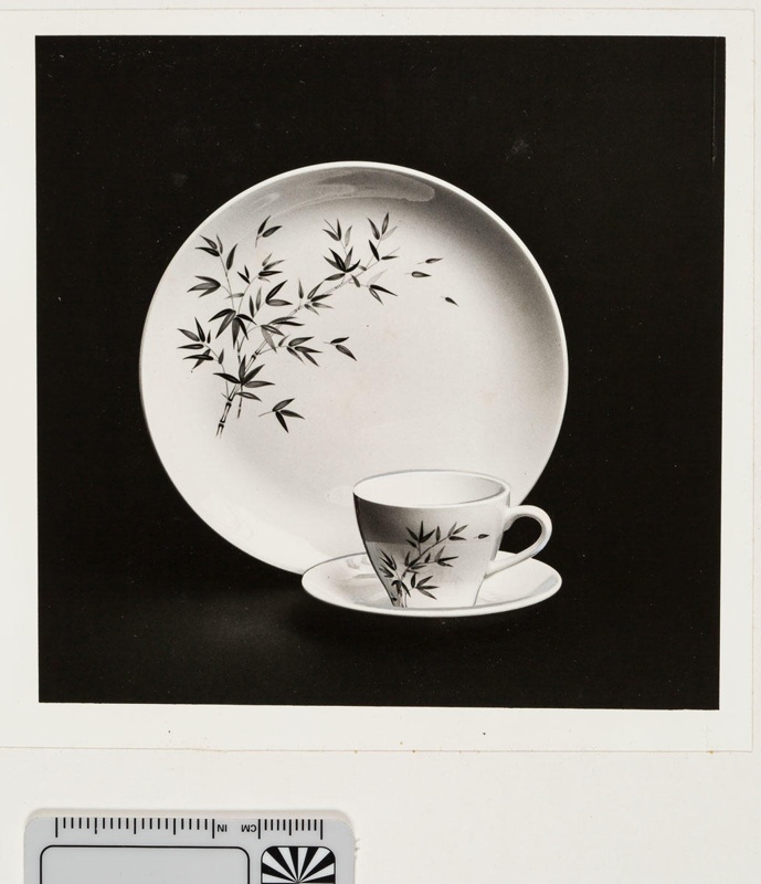 Contact proof - Green Bamboo cup, saucer and plate; 2008.1.2924