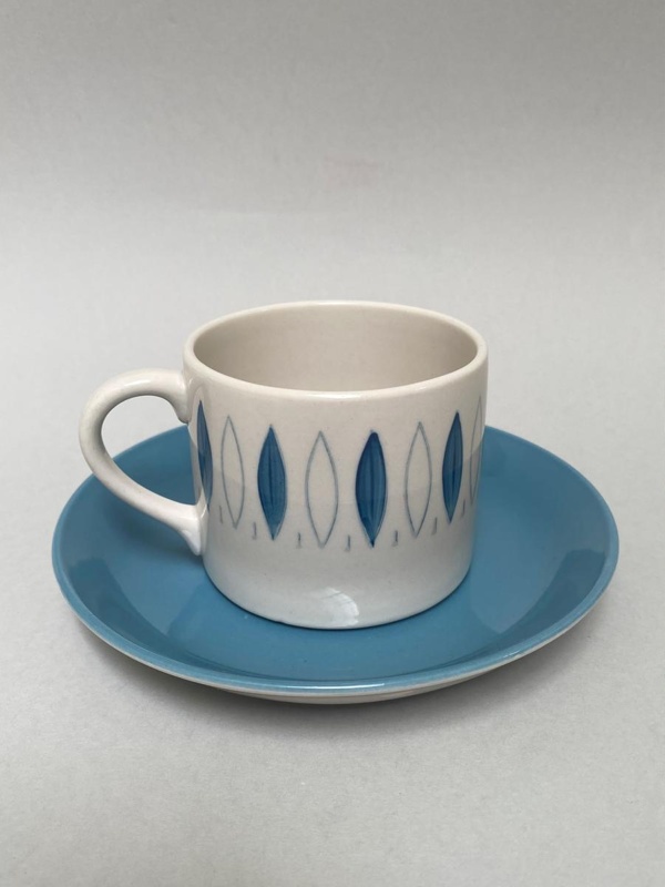 Blue Tango Coffee Can and Saucer; Crown Lynn Potteries Limited; 1963; 2024.2.9.1-2