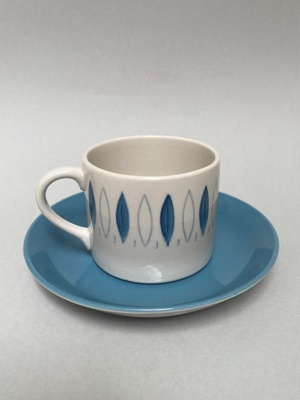 Blue Tango Coffee Can and Saucer; Crown Lynn Potteries Limited; 1963; 2024.2.9.1-2