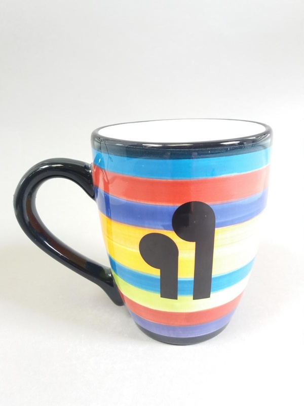 Mug - trial for Kap Kap and Koru pattern on Zoop background; Studio Ceramics NZ Ltd; 2002; 2017.1.110