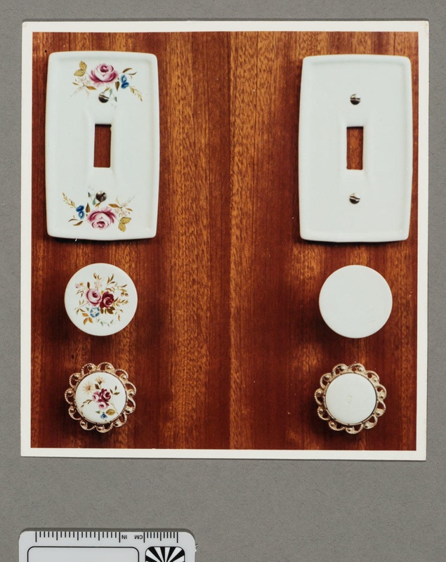 Photograph - Porcelain door/drawer hardware and light switches with rose/plain patterns; 1970s-1980s; 2008.1.2887