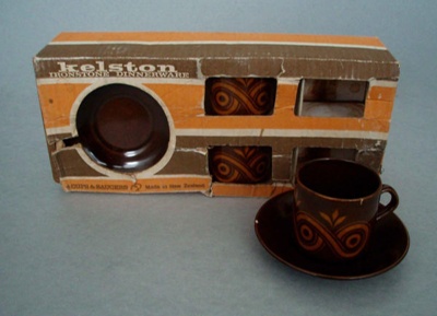 Cup and saucer set with box; Crown Lynn Potteries Limited; 1975-1985; 2008.1.2480.1-12