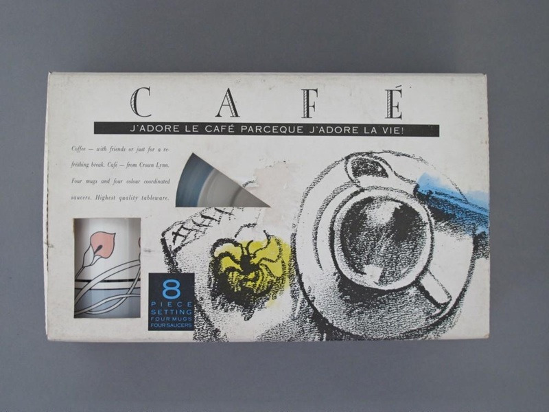 Boxed set of coffee mugs - Taranto pattern; Crown Lynn Potteries Limited; 1988-1989; 2015.1.38.1-9