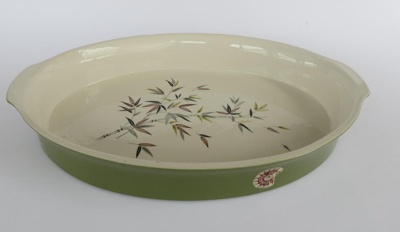 Oval baker - Green bamboo pattern; Crown Lynn Potteries Limited; 1963-1970; 2016.48.124