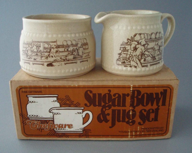 Sugar bowl and jug set with box - bakehouse; Titian Potteries (1965) Limited; 1979-1989; 2008.1.1076.1-3