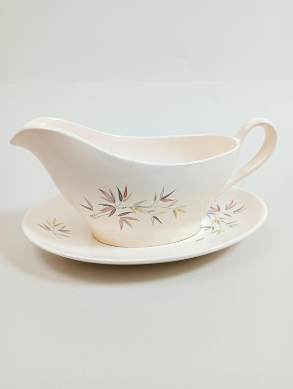 Gravy boat and saucer - Green Bamboo; Crown Lynn Potteries Limited; 1960s; 2016.48.58