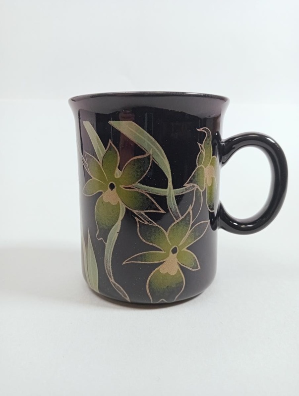 Mug - Black with Green Orchids; Crown Lynn Potteries Limited; 1980s; 2016.48.30