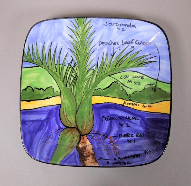 Platter - Nikau and beach scene; Studio Ceramics NZ Ltd; 2006; 2017.1.15