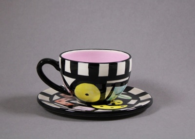 Cup and saucer - Black geometric; Studio Ceramics NZ Ltd; 2017.1.152