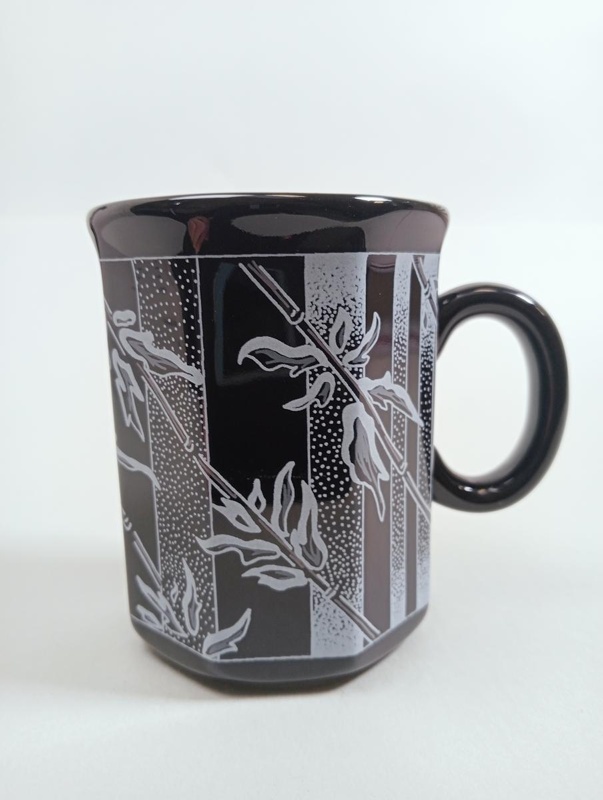 Mug - Black, hexagon shape with white bamboo; Crown Lynn Potteries Limited; 1980s; 2016.48.29