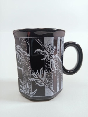 Mug - Black, hexagon shape with white bamboo; Crown Lynn Potteries Limited; 1980s; 2016.48.29