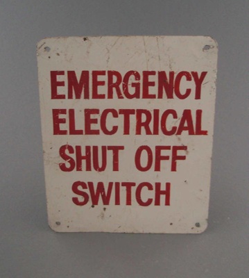 Warning sign - emergency electrical shut off switch; Crown Lynn Potteries Limited; 1950-1975; 2009.1.1444